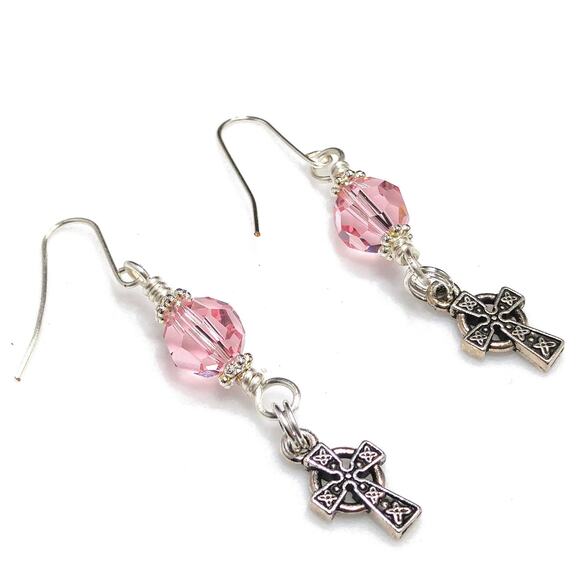 Women’s Cross Earrings, Handmade Wire Wrapped Earrings, Pink Swarovski Beads - Picture 1 of 6